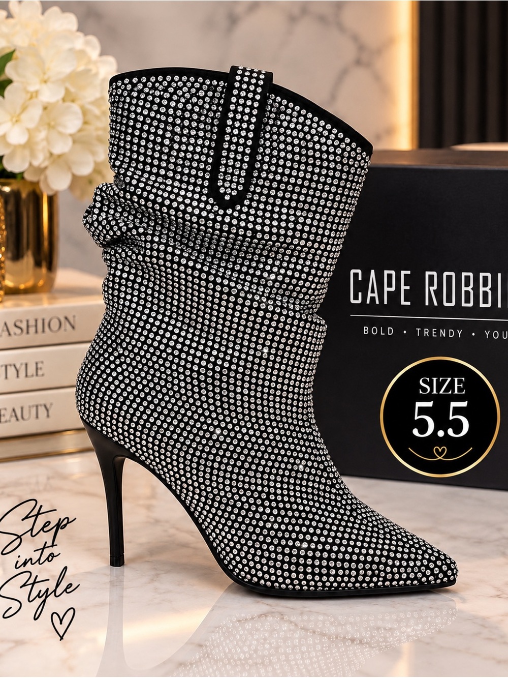 Cape Robbin Black Rhinestone Slouch Bootie with Pointed Toe